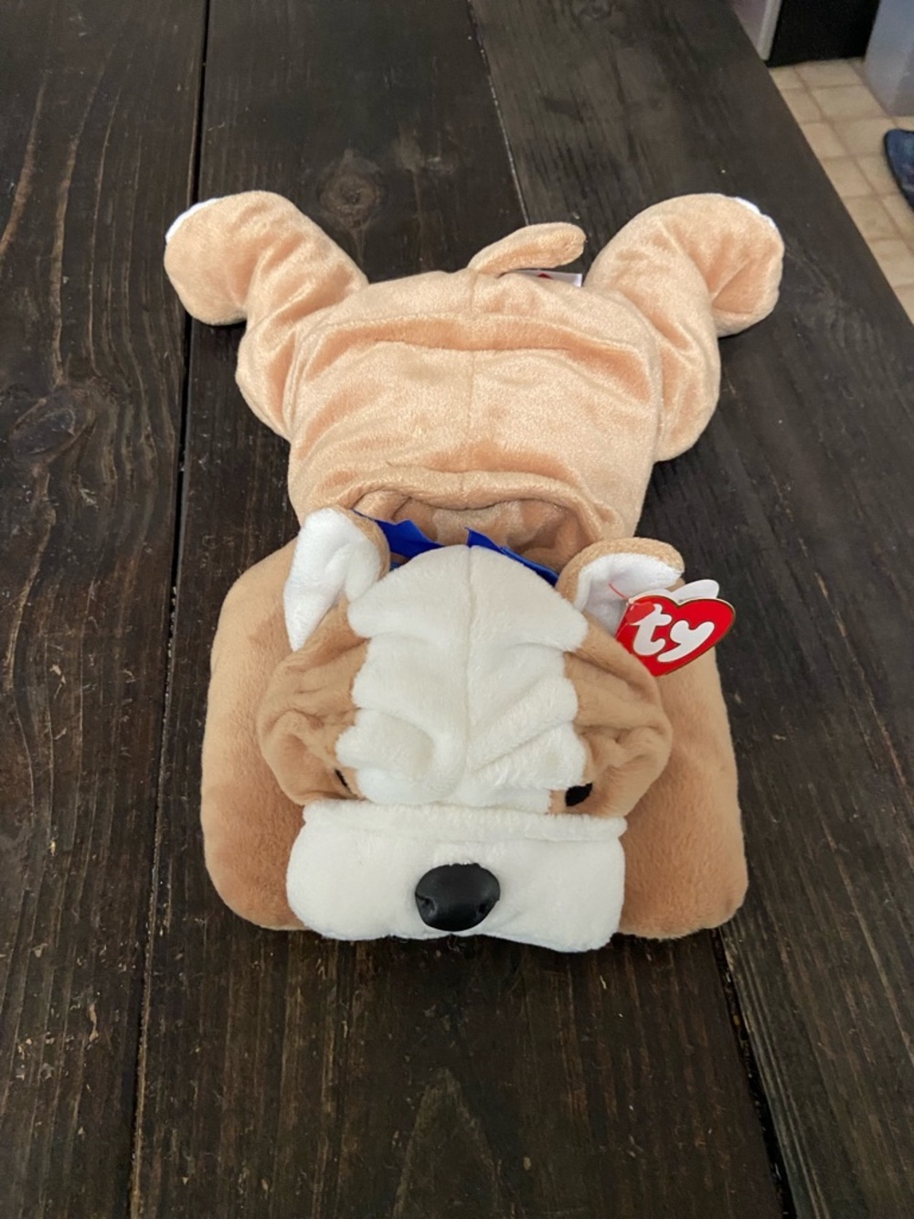 Ty Pillow Pals Collection Bruiser. Tan and White Bulldog Plush with Heart Tag - Picture 1 of 6